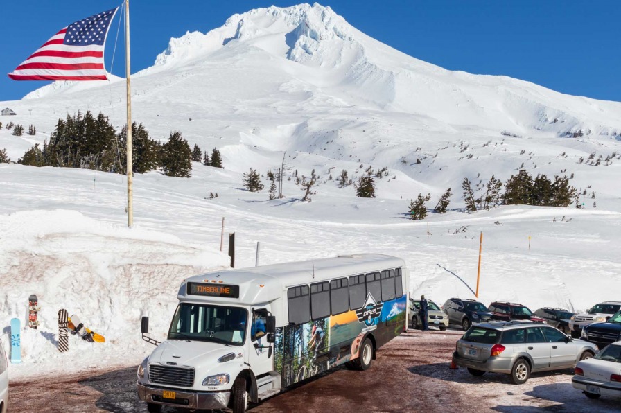 Mt. Hood Express pulls into Timberline Lodge on Mt. Hood