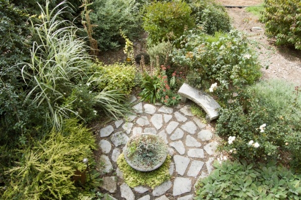 aerial view of a round succulent garden with a bench and stepping stones. The garden is surrounded by bushes