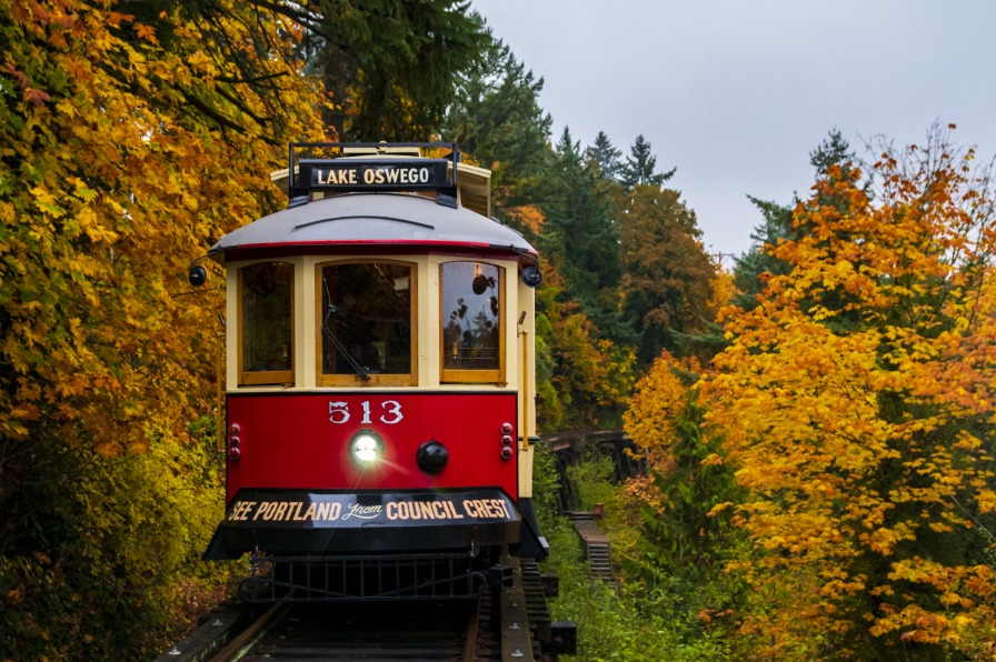 Willamette Shore Trolley and fall color in Lake Oswego