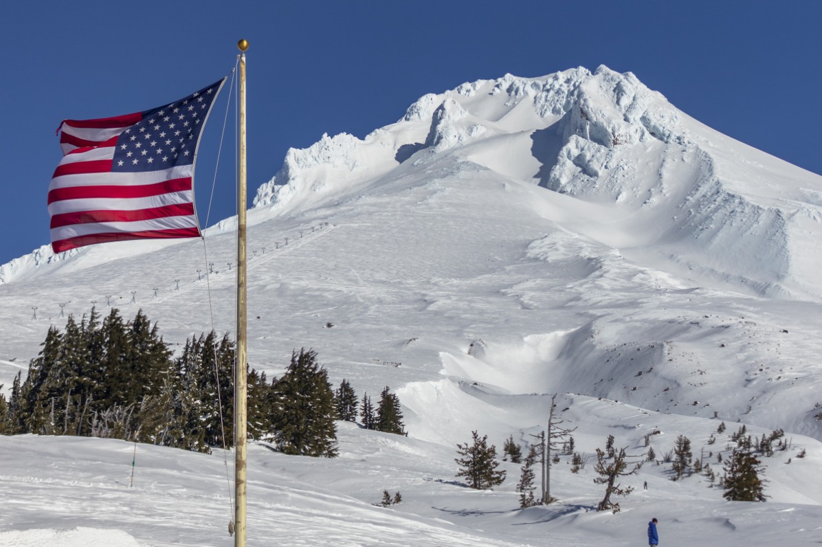 American flag and Mt. Hood at Timberline Lodge