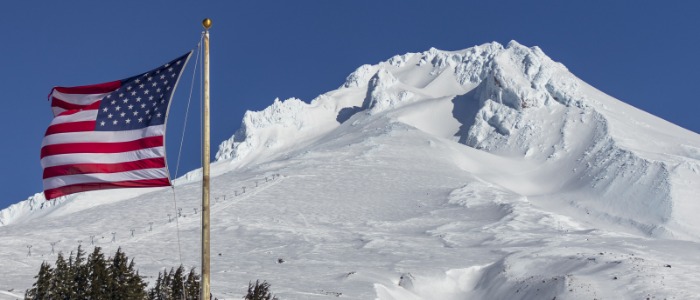 American flag and Mt. Hood at Timberline Lodge