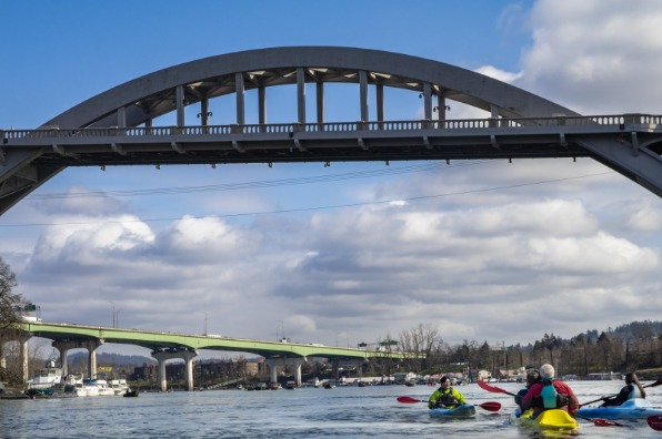 Oregon City arch bridge and kayakers