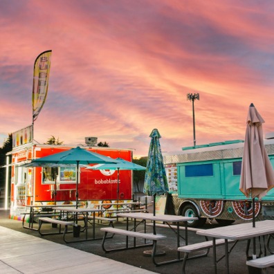 Pink sunset over the Lumberyard Food Cart pod in Estacada
