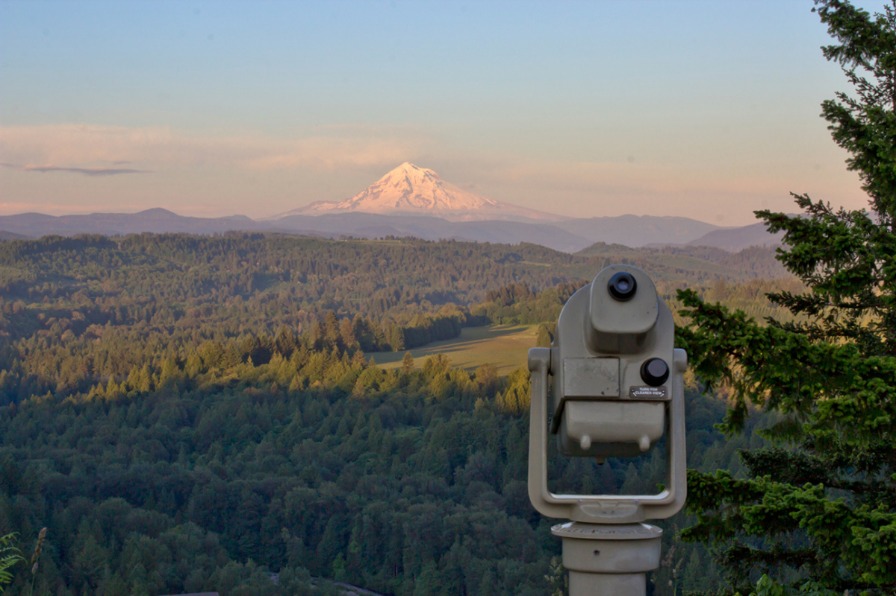 Telescope pointed toward Mt. Hood at Jonsrud Viewpoint in Sandy, Oregon
