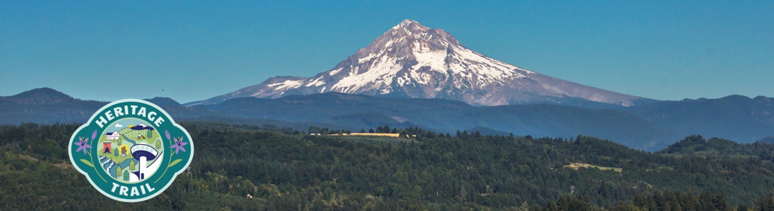 Photo of Mt. Hood with Heritage Trail logo superimposed