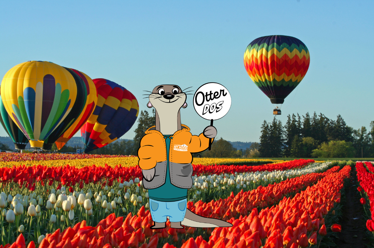 Cartoon otter superimposed over tulip field