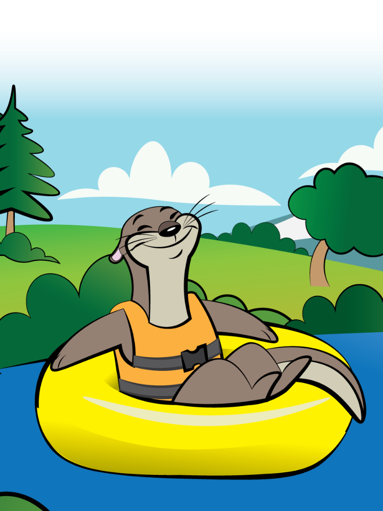 Cartoon otter tubing on the Clackamas River with Mt. Hood in the background