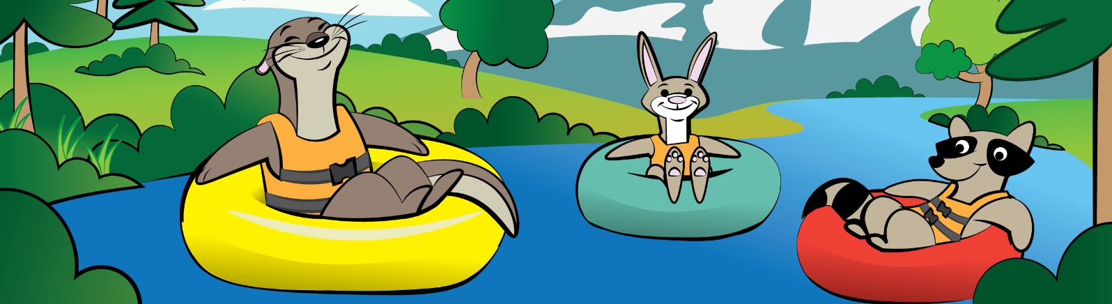 Cartoon otter tubing on the Clackamas River with Mt. Hood in the background