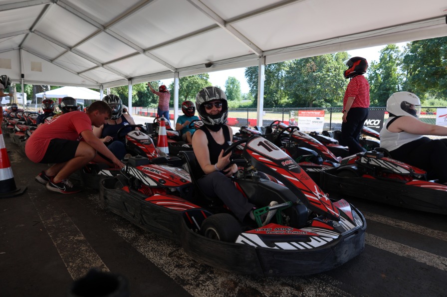 Go Kart racers line up at the starting line of Pat's Acres