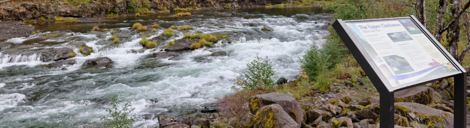 River rapids next to a sign