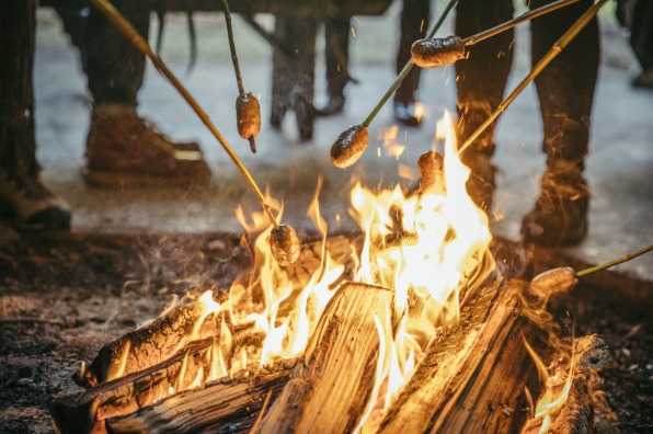 Sausages on sticks roasting over a camp fire