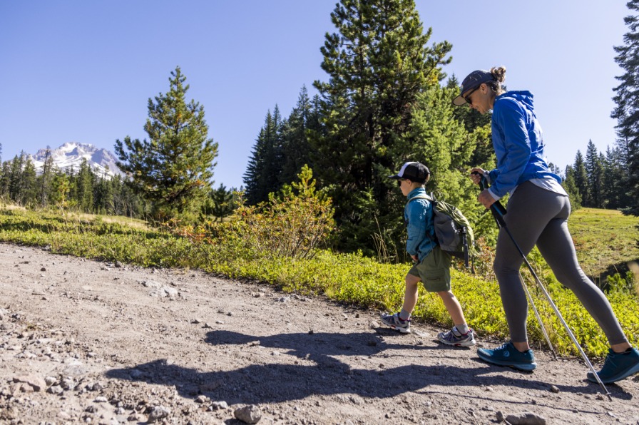 Two hikers walk on a brown dirt path with green trees behind them.