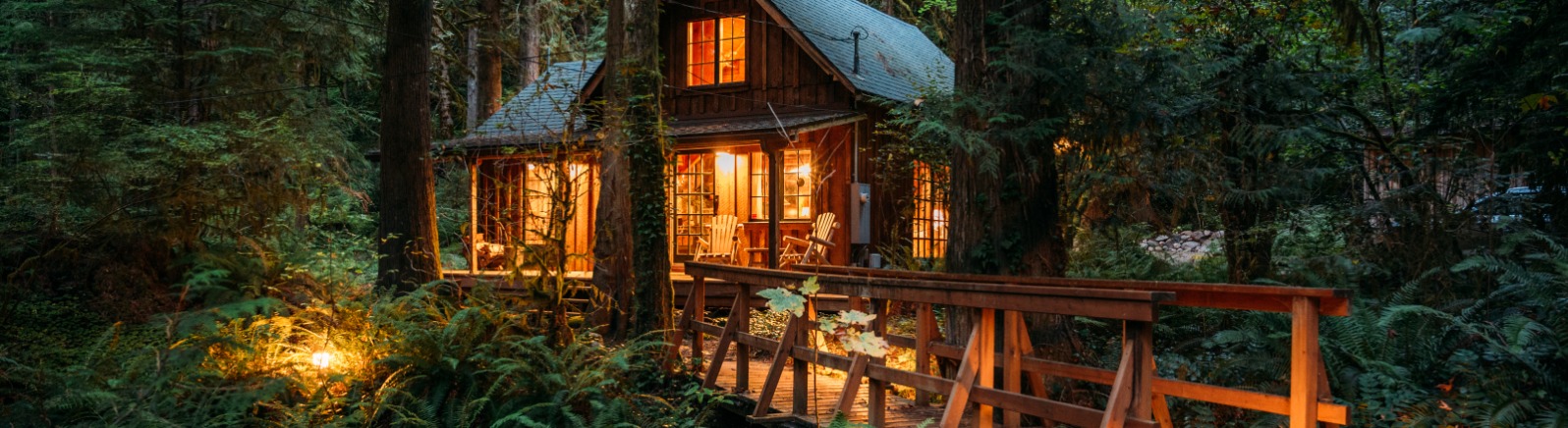 A brown wood cabin across a wood bridge surrounded by green ferns and trees. The bridge it lit up by lanterns.