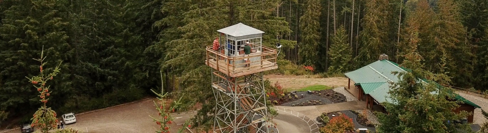 Drone view looking down at fire lookout tower with green evergreen trees behind.
