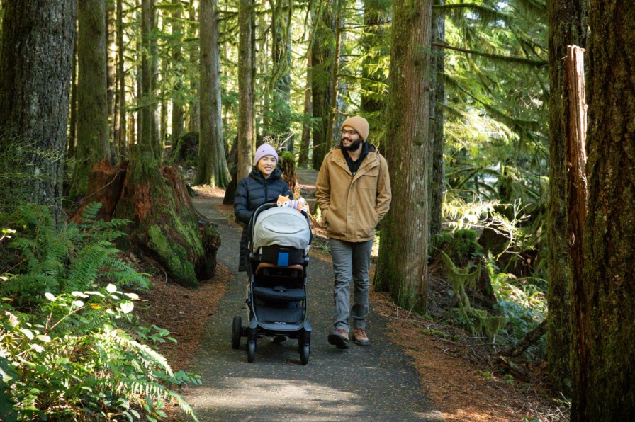 Two hikers walk in the woods on a paved path pushing a stroller surrounded by trees