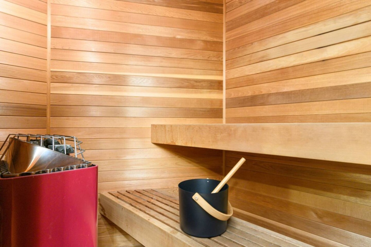 Brown wood panels in a sauna