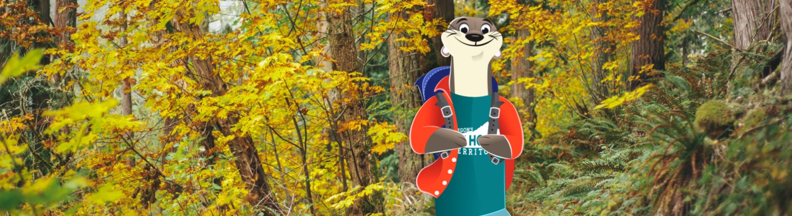 Aninated otter hikes on a trail surrounded by fall foliage