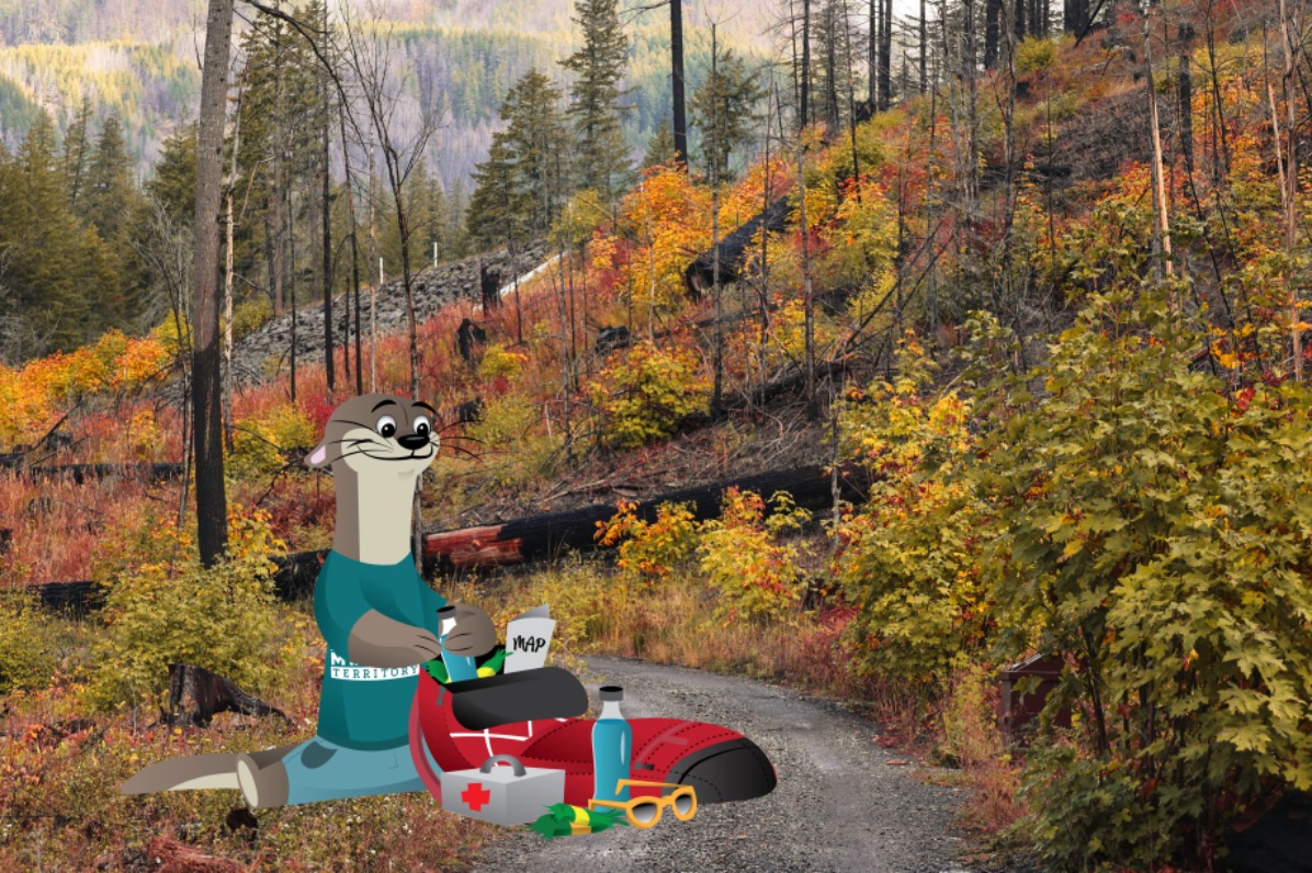 A cartoon otter packs a backpack in the forest of orange and red trees