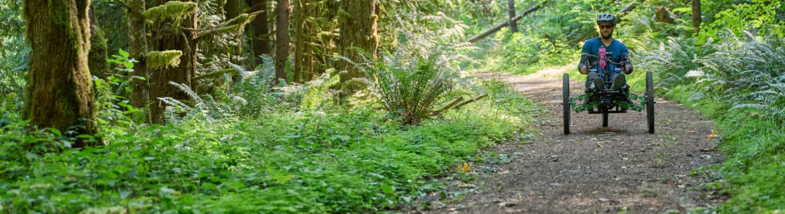 A mountain biker on an adaptive mountain bike travels a dirt trail surrounded by green trees