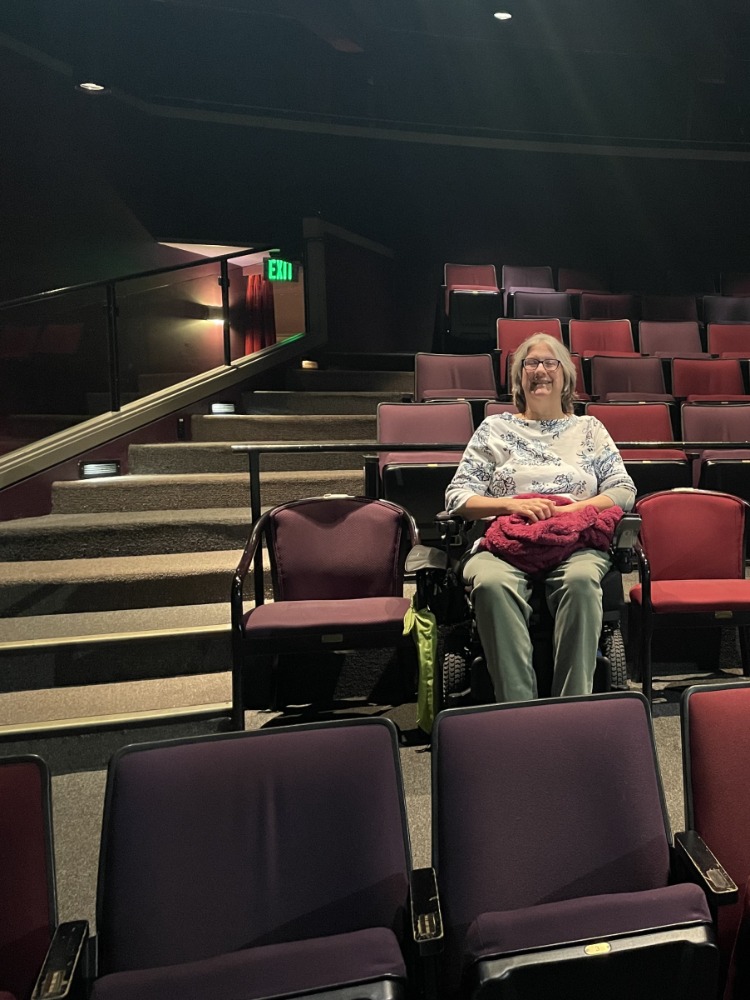 A person in a wheel chair sits in a theater