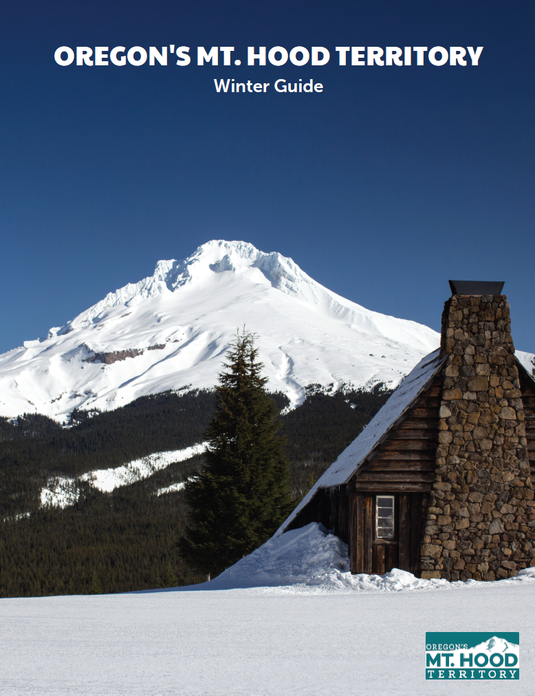 Warming hut in front of Mt. Hood, winter guide cover