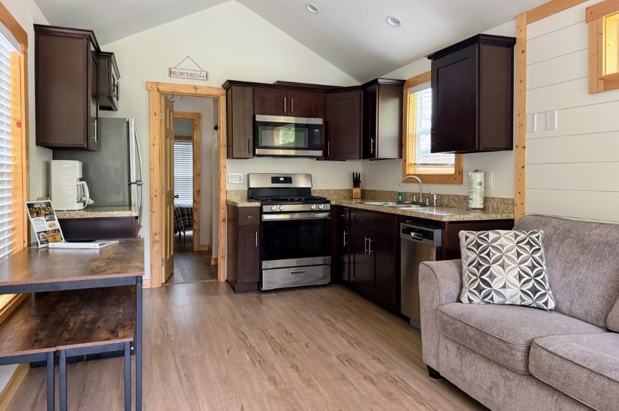 A cabin interior with a couch