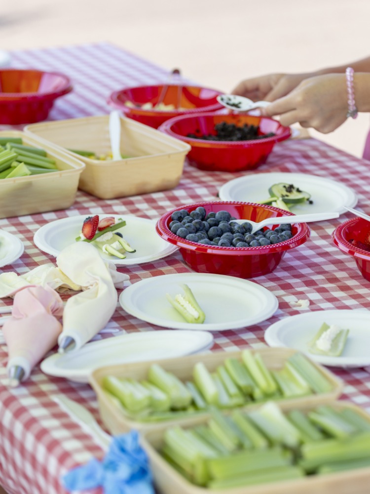 A picnic table covered in a red and white checkered table cloth, chopped celery and various berries
