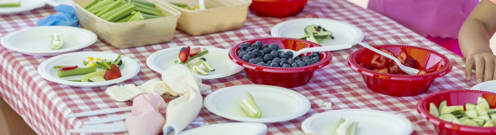 A picnic table covered in a red and white checkered table cloth, chopped celery and various berries