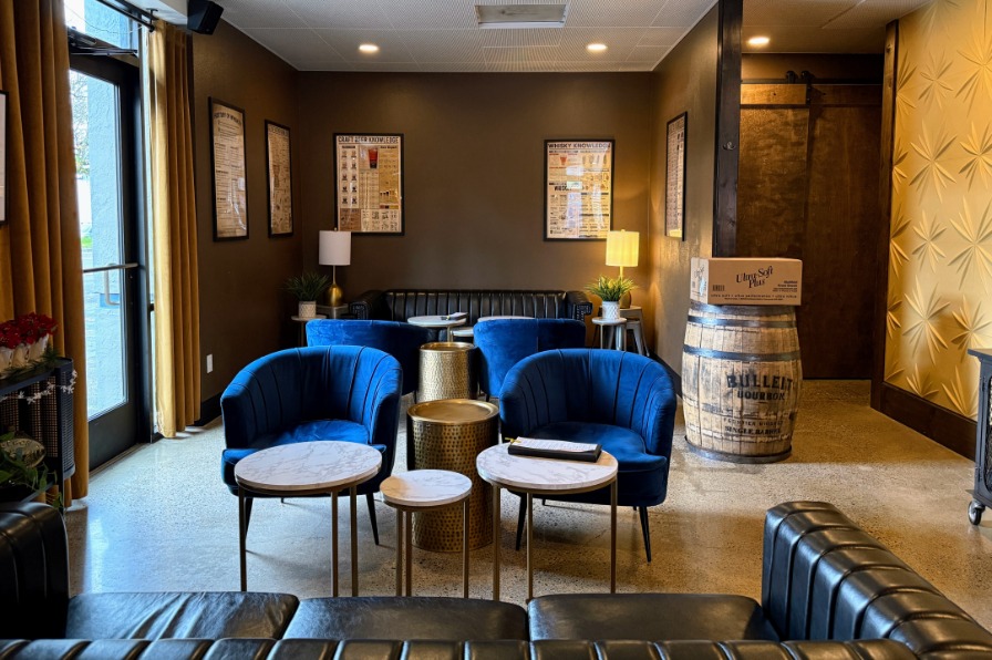 Plush blue velvet chairs in a lounge