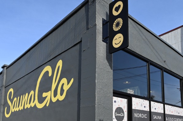 Exterior sign and logo on the SaunaGlo building in Milwaukie