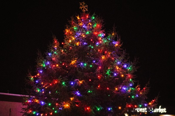 A brightly lit outdoor Christmas tree adorned with colorful lights stands tall at night, surrounded by a crowd of people holding festive decorations.
