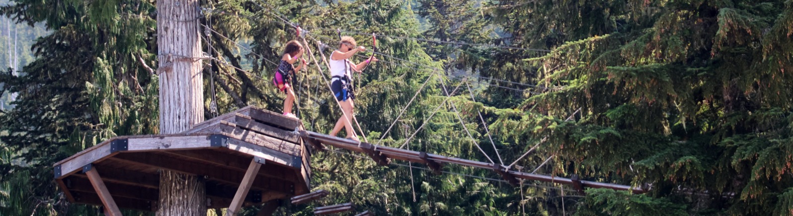 Two people use a rope bridge to cross between green trees