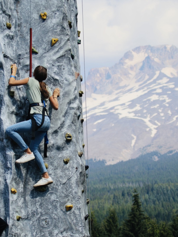 Two people use a rope bridge to cross between green trees