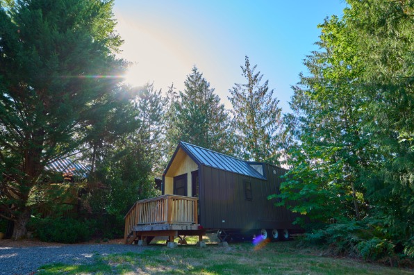 A black and cedar clad tiny hom sits amoun the trees at Mt. Hood Village.