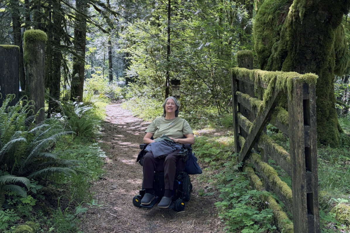 A wheelchair user visits a historic wooden tollgate.