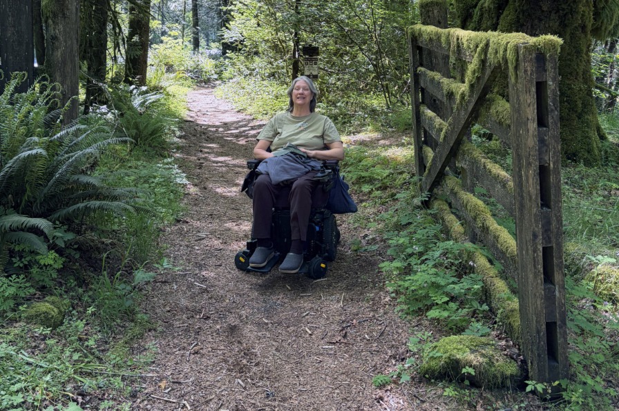 A wheelchair user visits a historic wooden tollgate.