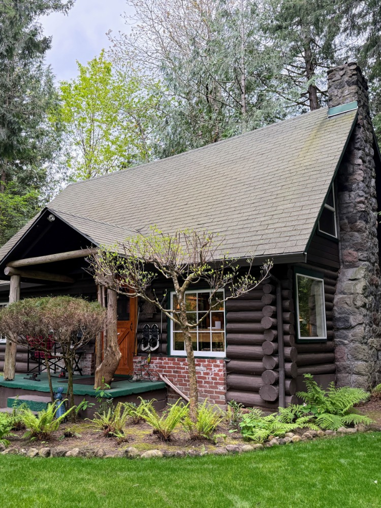 A wood cabin with green trees