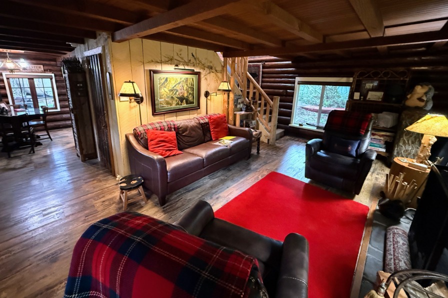Inside of a wood cabin with red rug and brown couch. 
