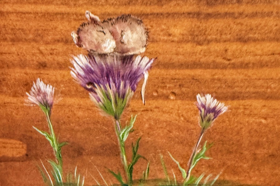 A painting of a mouse on a purple flower