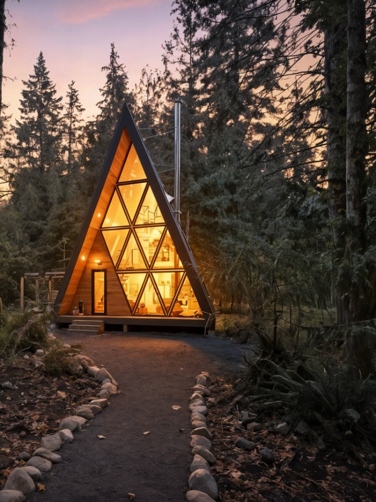 An aframe cabin with lights on inside
