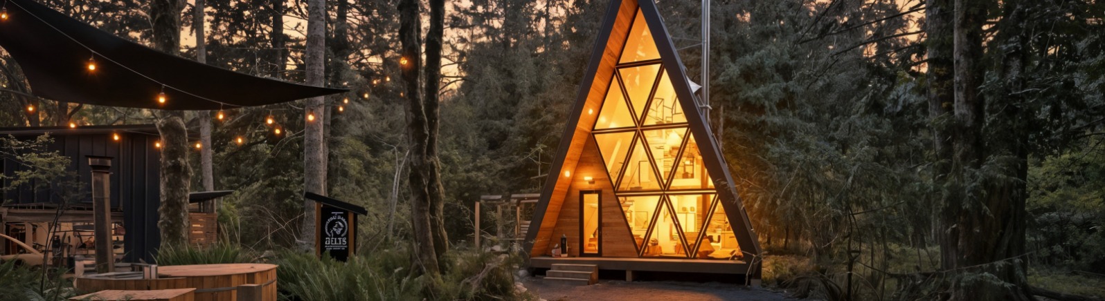 An aframe cabin with lights on inside